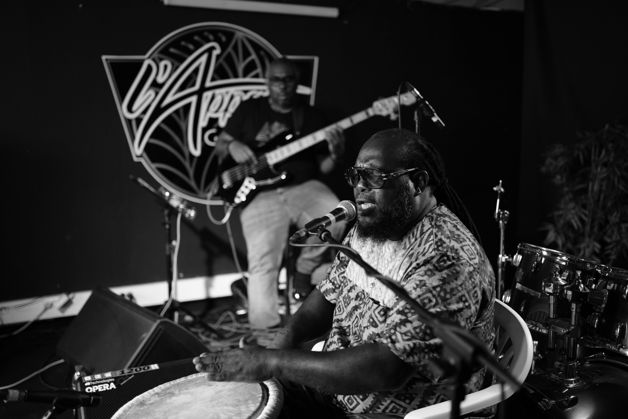 Jean-Michel SAMBA on percussion — black and white